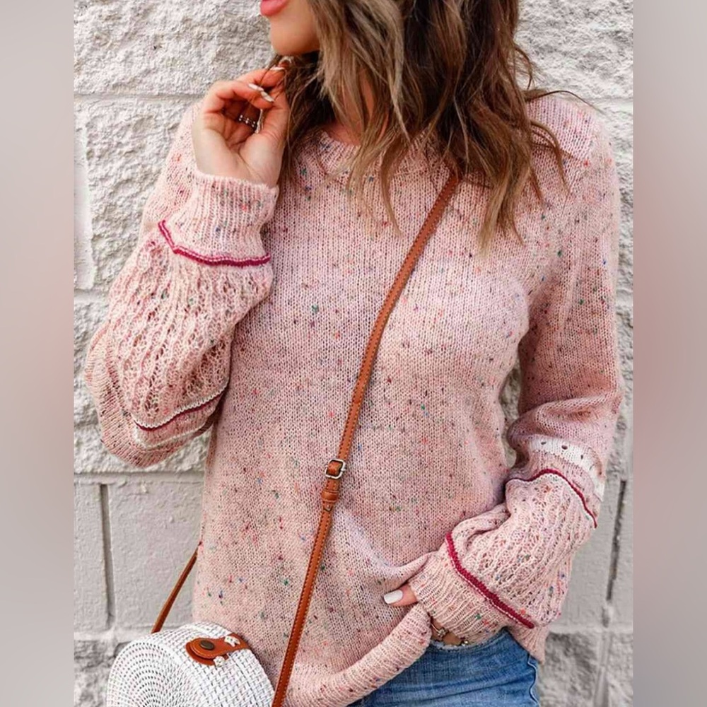 Chic Pink Speckled Sweater size Small eyelet crochet pattern sleeves slight poof